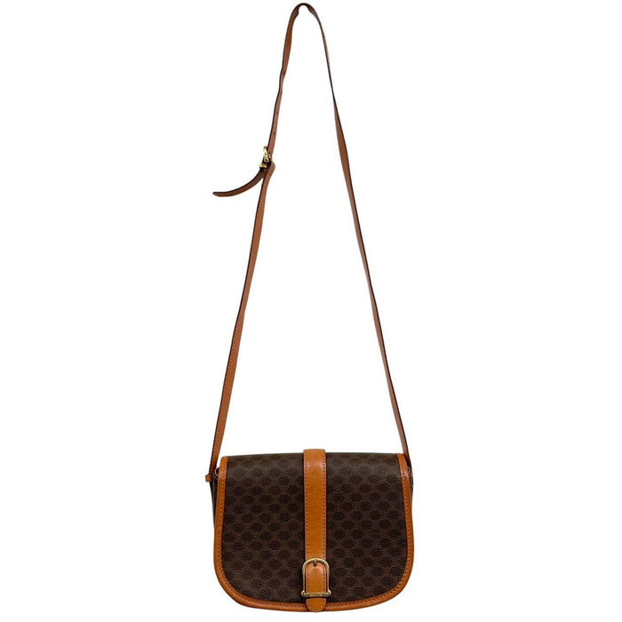 CELINE brown and tan duffel bag with Macadam pattern and leather/canvas material.