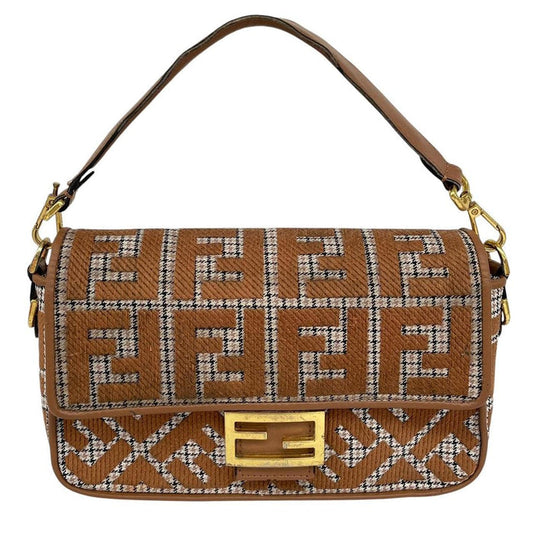 Fendi brown check duffel bag with logo detail and minor wear.