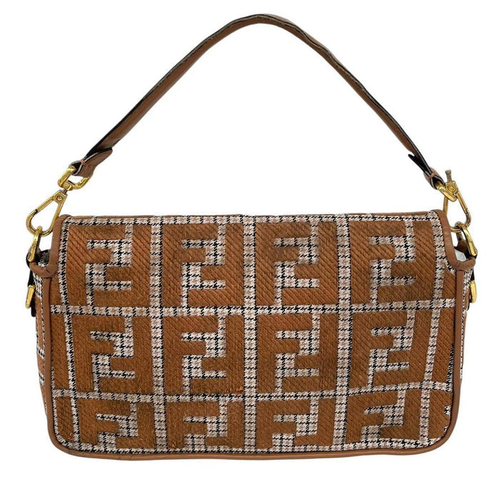 Fendi brown check duffel bag with logo detail and minor wear.