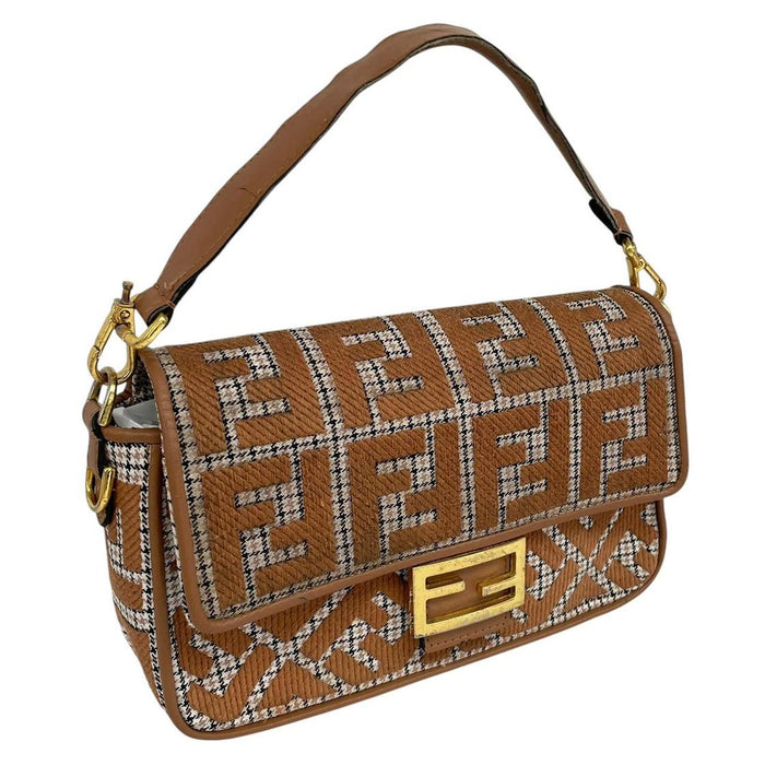 Fendi brown check duffel bag with logo detail and minor wear.