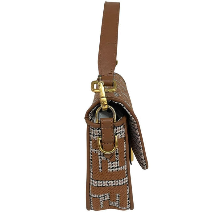 Fendi brown check duffel bag with logo detail and minor wear.
