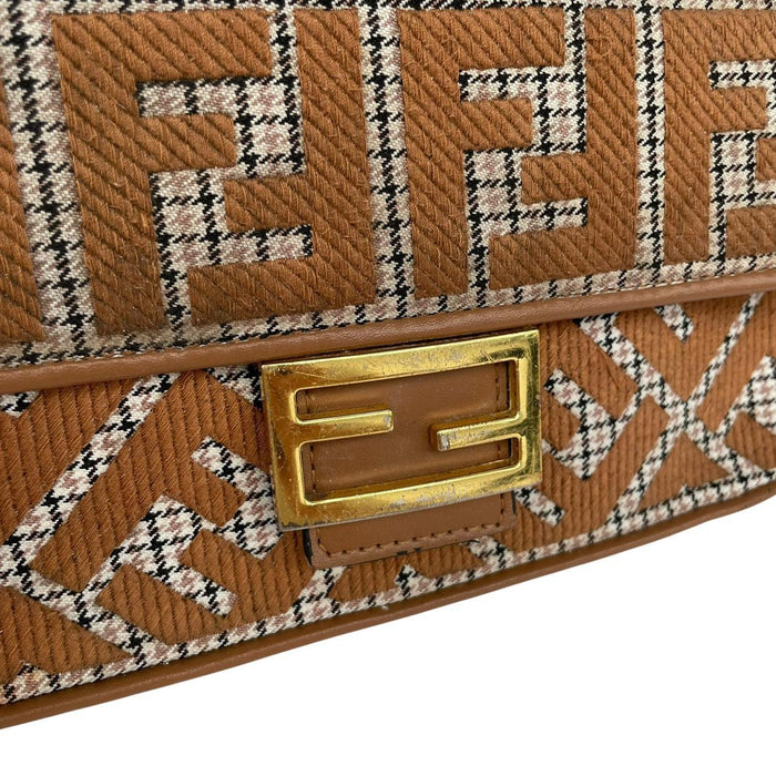 Fendi brown check duffel bag with logo detail and minor wear.