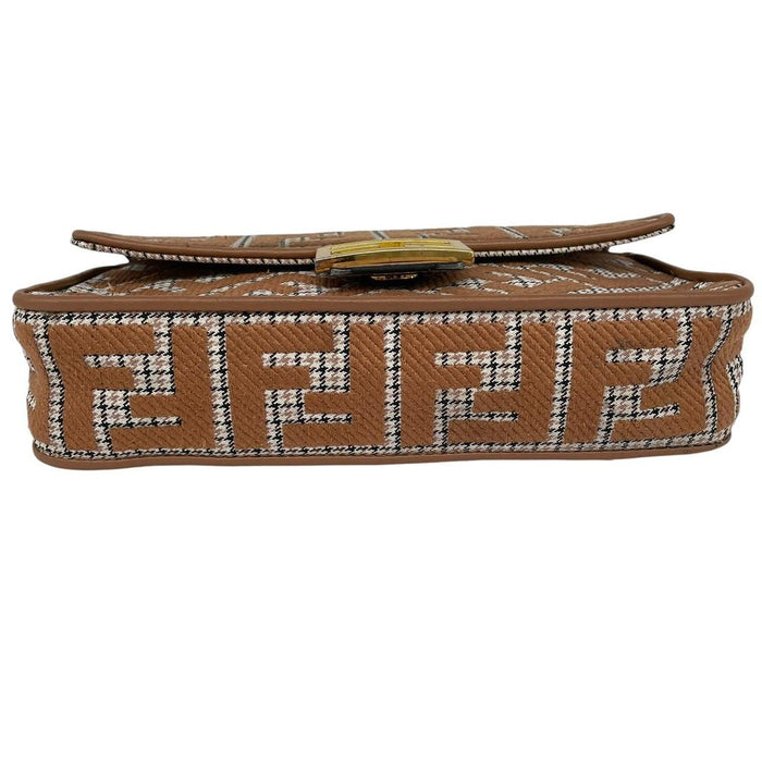 Fendi brown check duffel bag with logo detail and minor wear.