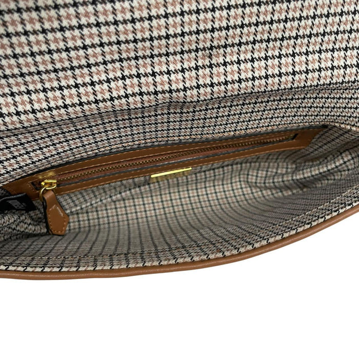Fendi brown check duffel bag with logo detail and minor wear.