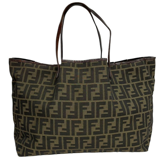 Fendi brown monogram canvas duffel bag with leather trim and logo detail.