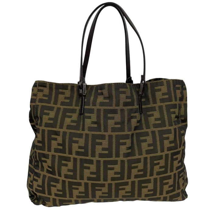 Fendi brown duffel bag featuring iconic Zucca monogram canvas and leather handles.