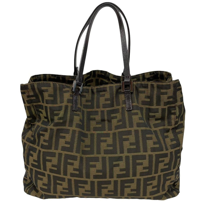 Fendi brown duffel bag featuring iconic Zucca monogram canvas and leather handles.