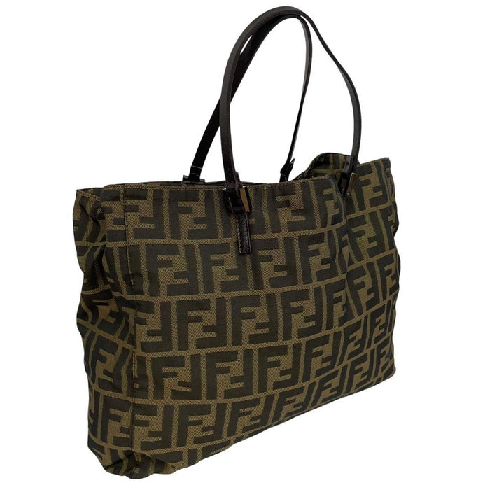 Fendi brown duffel bag featuring iconic Zucca monogram canvas and leather handles.