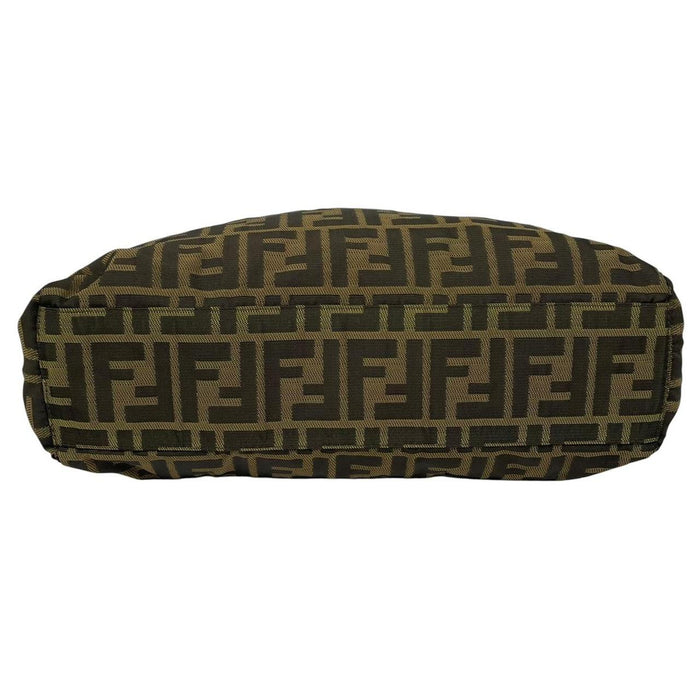 Fendi brown duffel bag featuring iconic Zucca monogram canvas and leather handles.