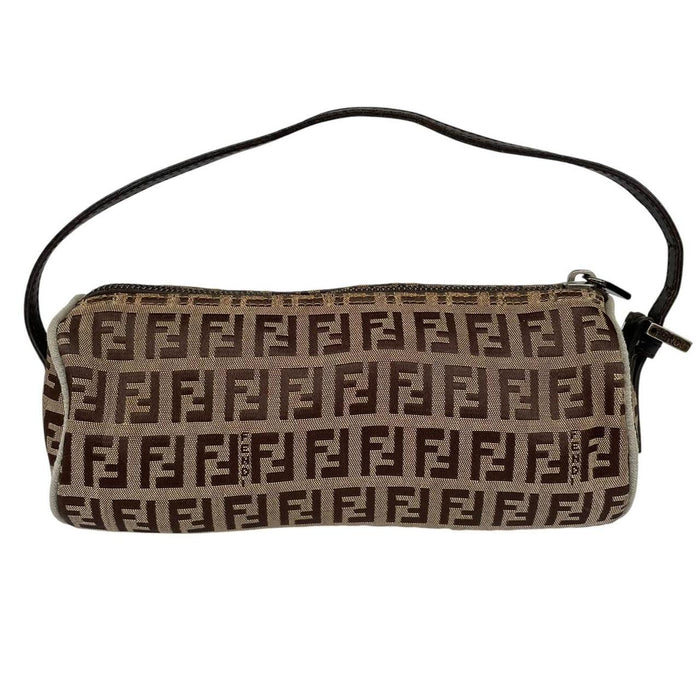 Fendi brown duffel bag featuring Zucchino monogram pattern and logo detail.