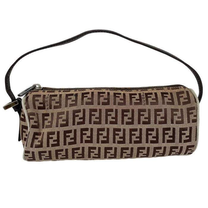 Fendi brown duffel bag featuring Zucchino monogram pattern and logo detail.