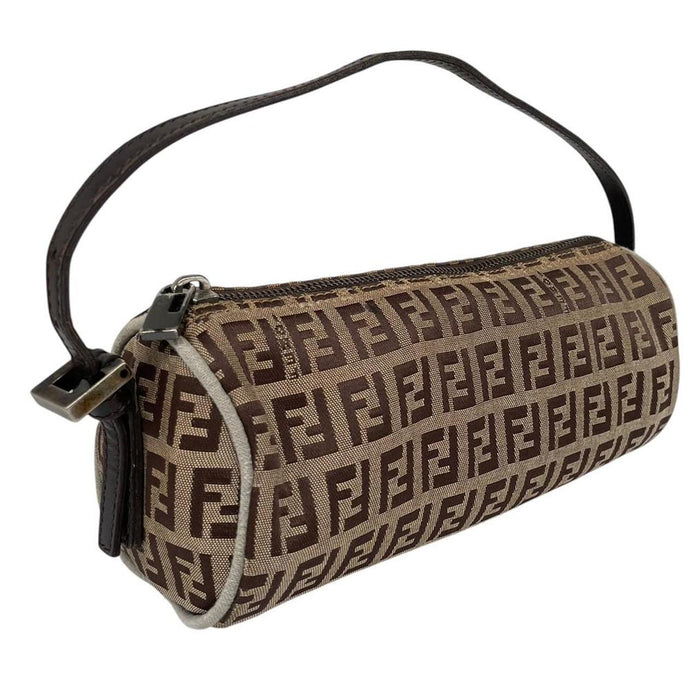 Fendi brown duffel bag featuring Zucchino monogram pattern and logo detail.