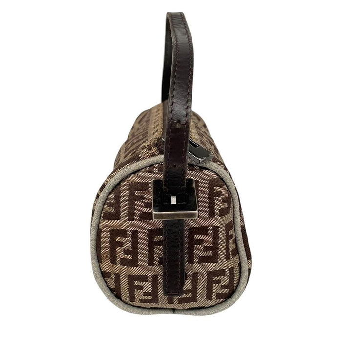Fendi brown duffel bag featuring Zucchino monogram pattern and logo detail.