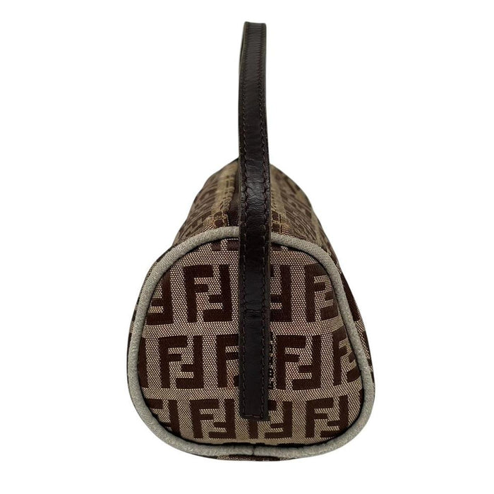 Fendi brown duffel bag featuring Zucchino monogram pattern and logo detail.
