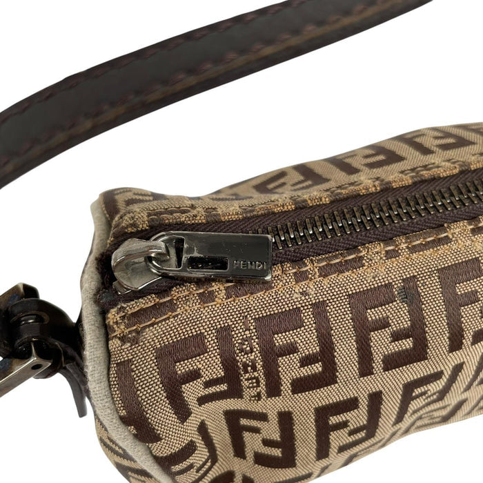 Fendi brown duffel bag featuring Zucchino monogram pattern and logo detail.
