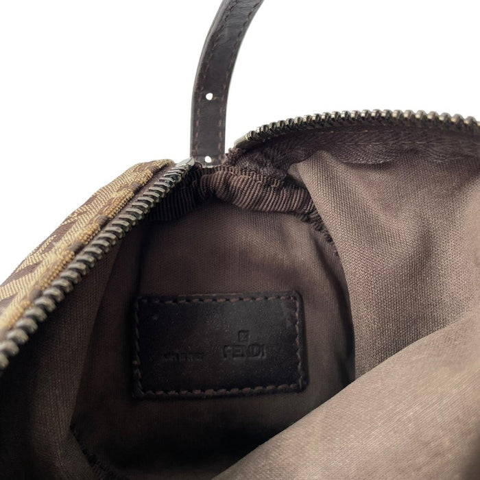 Fendi brown duffel bag featuring Zucchino monogram pattern and logo detail.