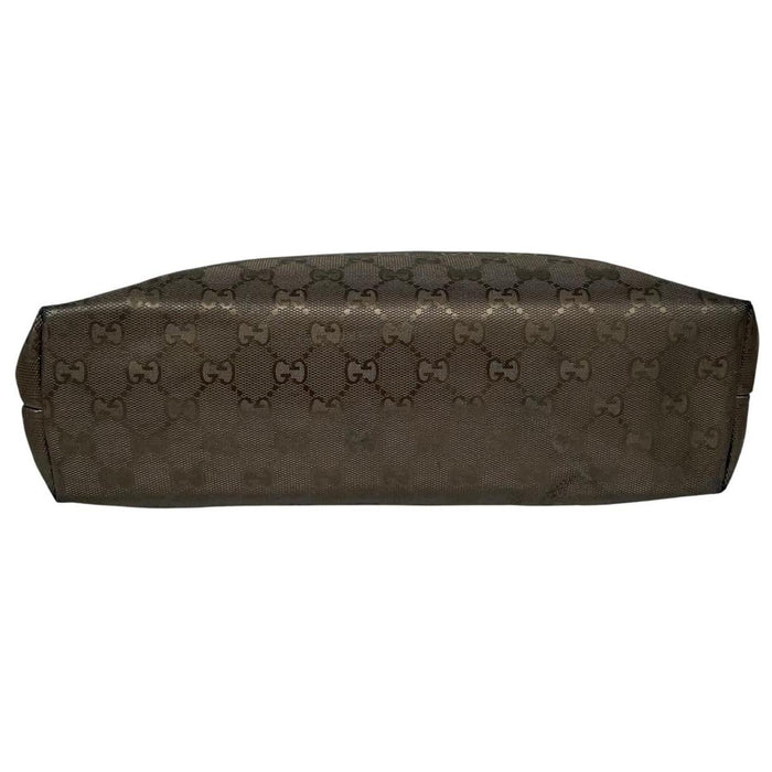 Gucci khaki green duffel bag with metallic monogram canvas and leather trim details.