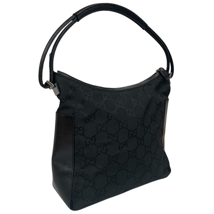 Gucci black hobo shoulder bag with monogram canvas and leather detailing.