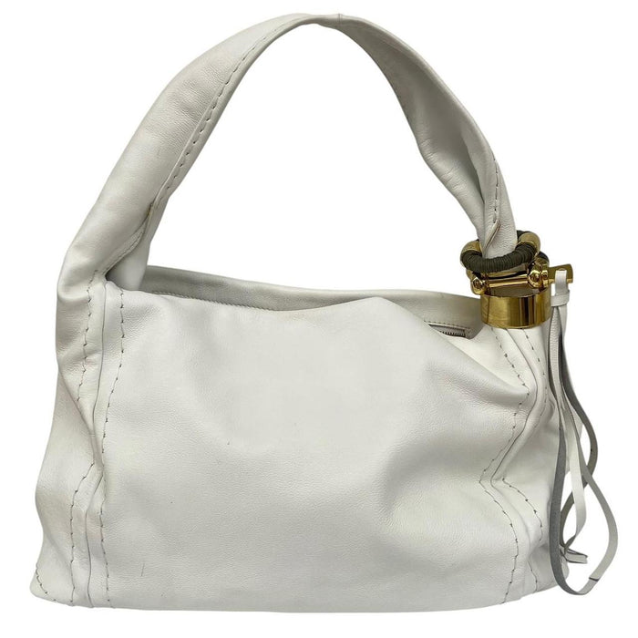 Jimmy Choo white leather hobo bag with subtle marks and logo detail.