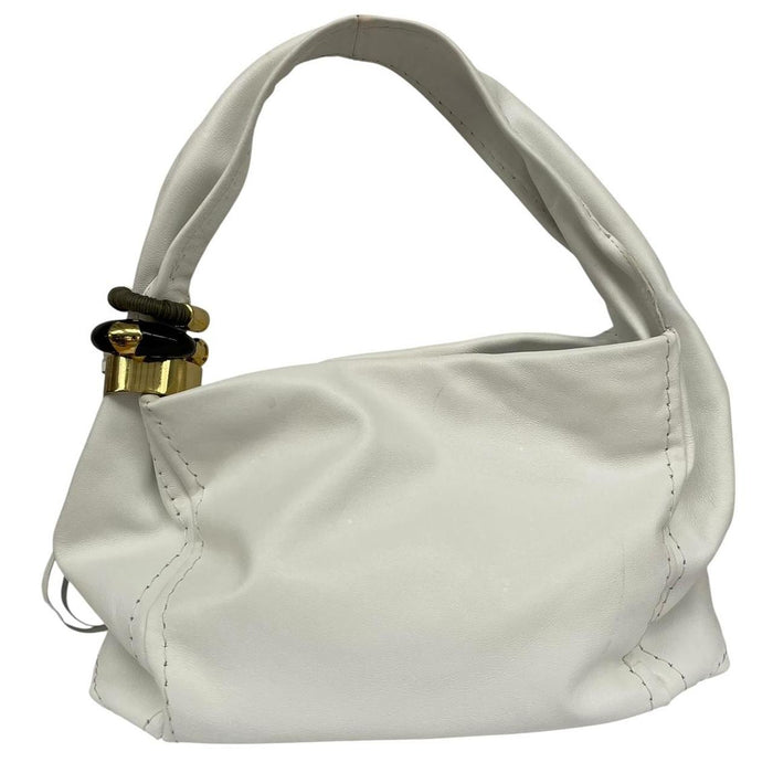 Jimmy Choo white leather hobo bag with subtle marks and logo detail.
