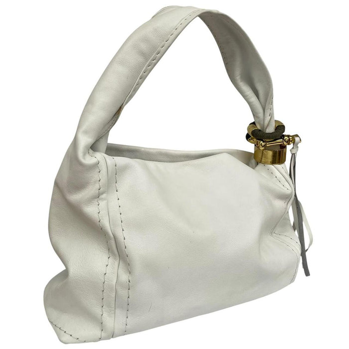 Jimmy Choo white leather hobo bag with subtle marks and logo detail.
