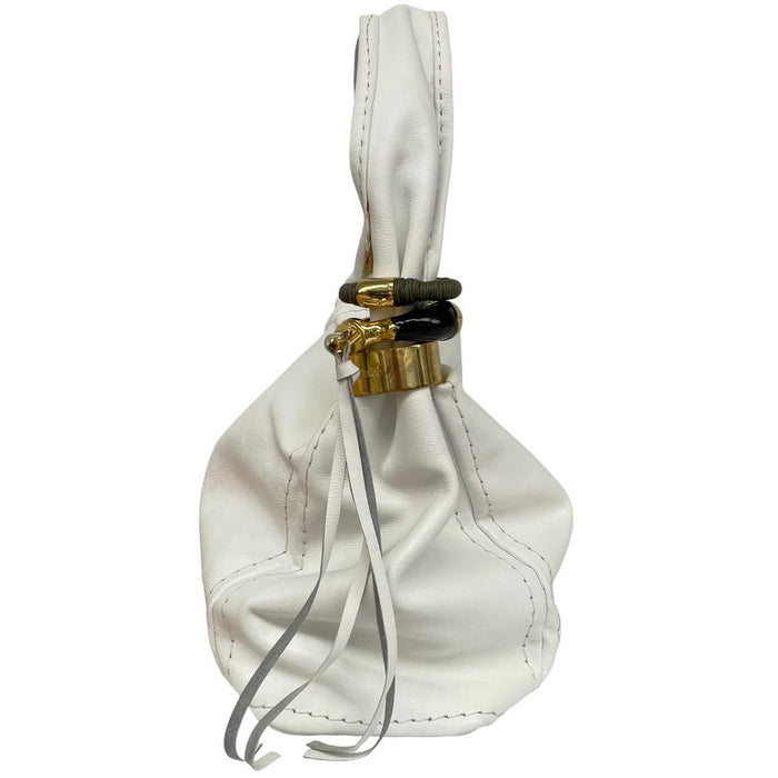 Jimmy Choo white leather hobo bag with subtle marks and logo detail.