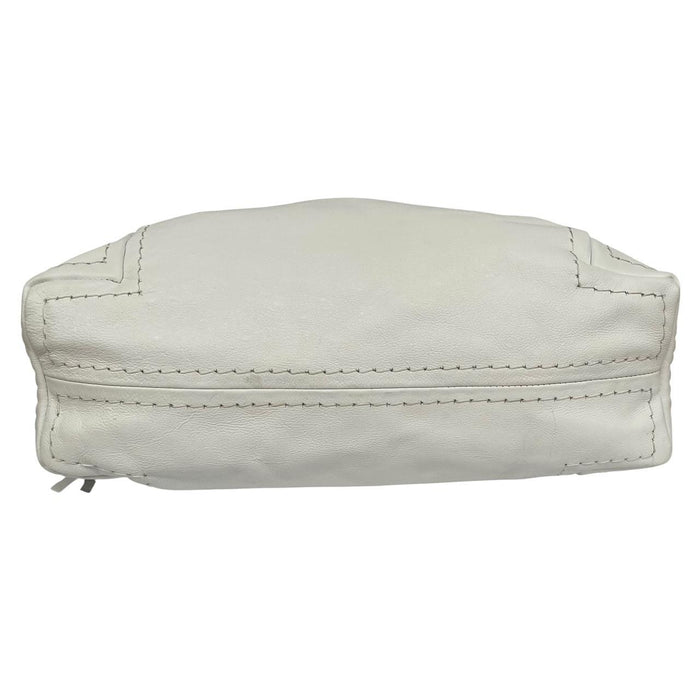 Jimmy Choo white leather hobo bag with subtle marks and logo detail.