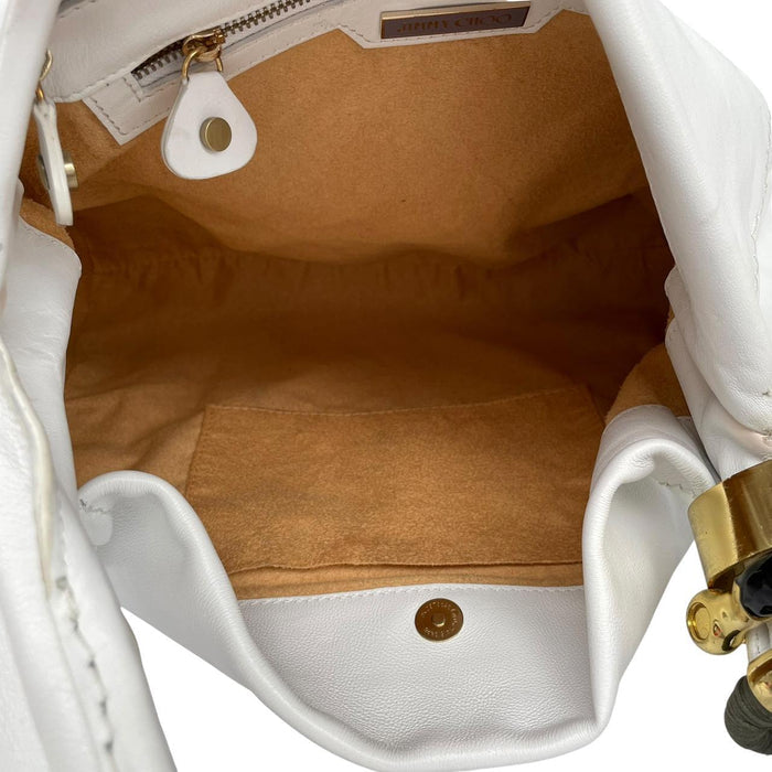 Jimmy Choo white leather hobo bag with subtle marks and logo detail.