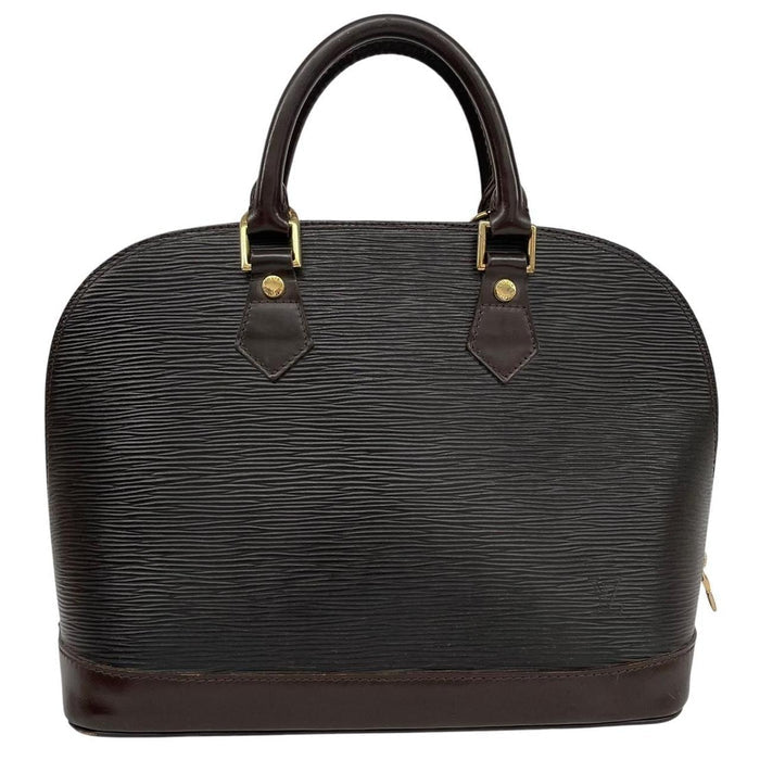 Louis Vuitton black Epi leather duffel bag with iconic logo and structured design.