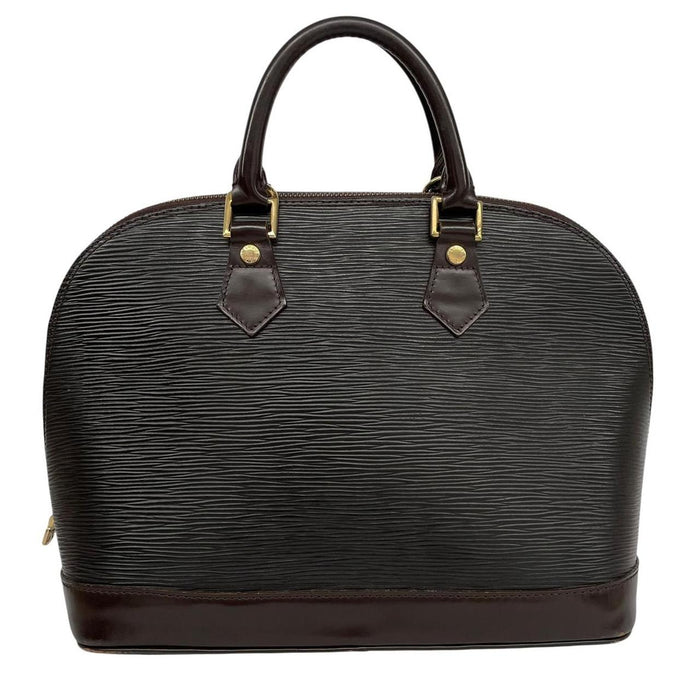 Louis Vuitton black Epi leather duffel bag with iconic logo and structured design.