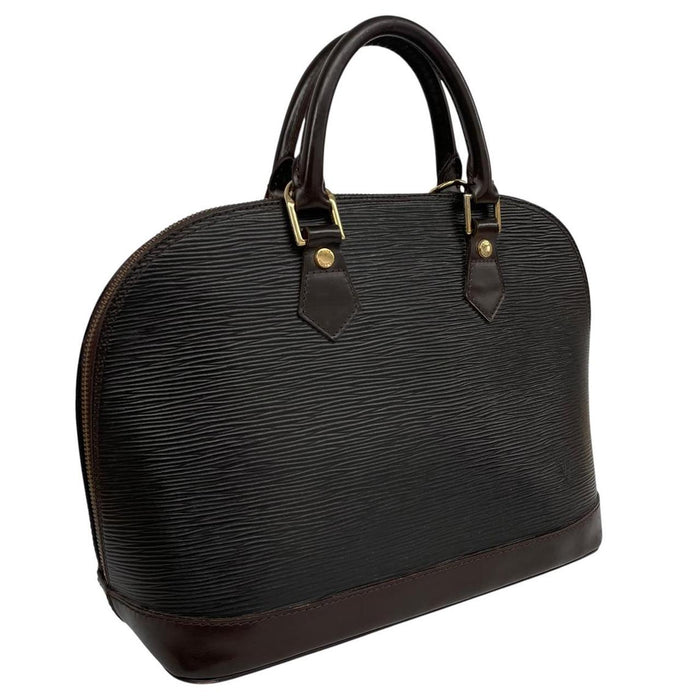 Louis Vuitton black Epi leather duffel bag with iconic logo and structured design.