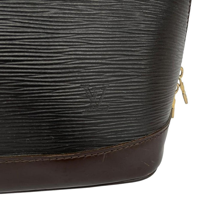 Louis Vuitton black Epi leather duffel bag with iconic logo and structured design.