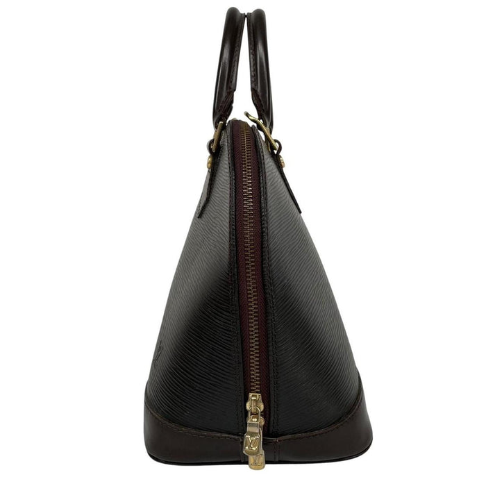 Louis Vuitton black Epi leather duffel bag with iconic logo and structured design.