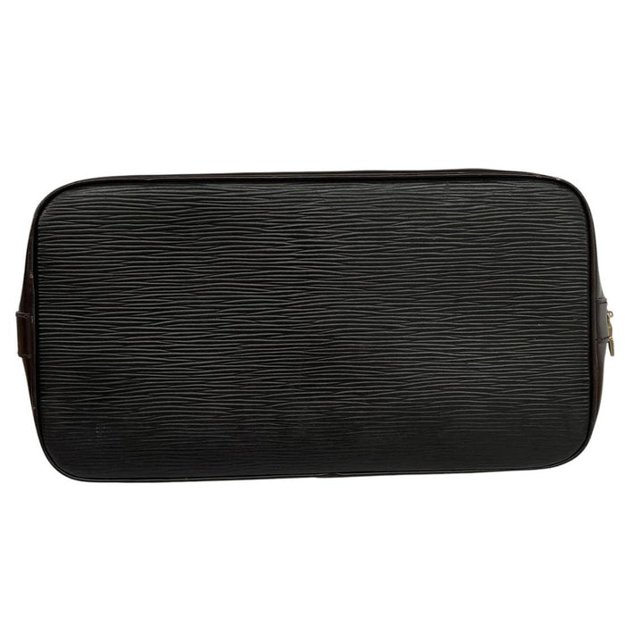 Louis Vuitton black Epi leather duffel bag with iconic logo and structured design.