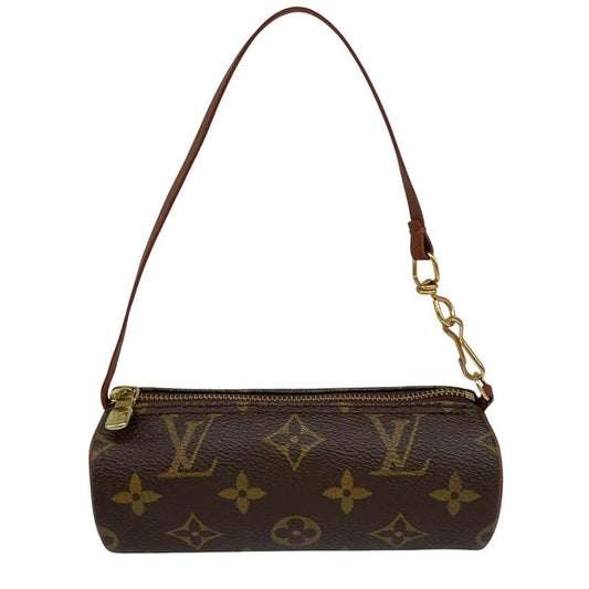 Louis Vuitton brown and tan duffel bag with monogram canvas and logo details.