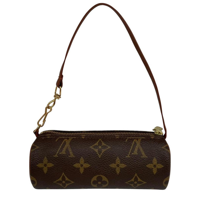 Louis Vuitton brown and tan duffel bag with monogram canvas and logo details.