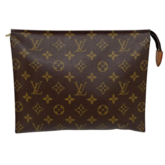 Louis Vuitton brown and tan monogram toiletry pouch with white logo details.