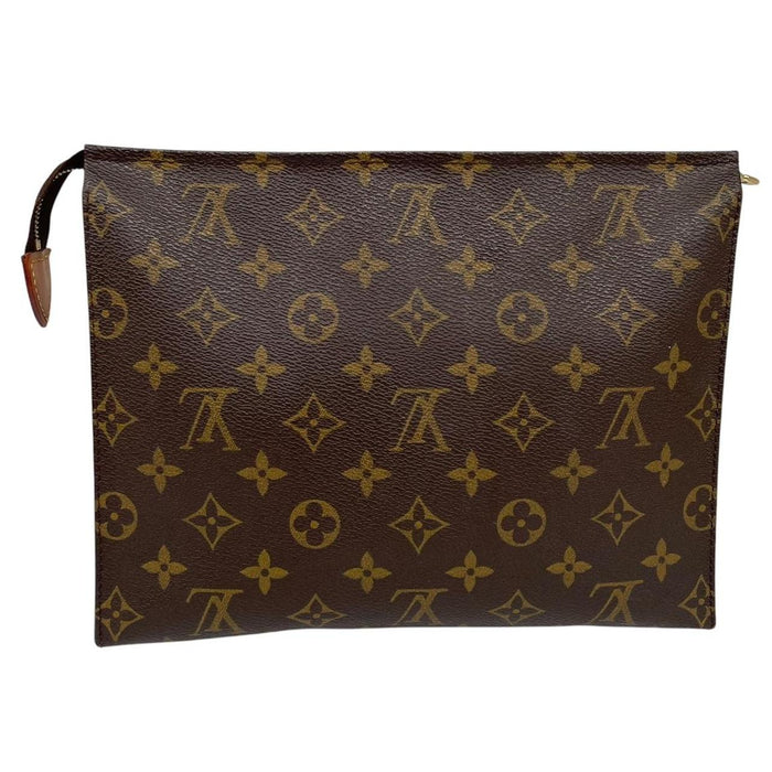 Louis Vuitton brown and tan monogram toiletry pouch with white logo details.