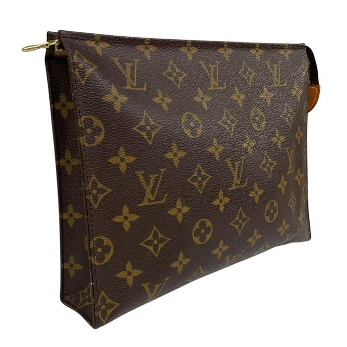 Louis Vuitton brown and tan monogram toiletry pouch with white logo details.