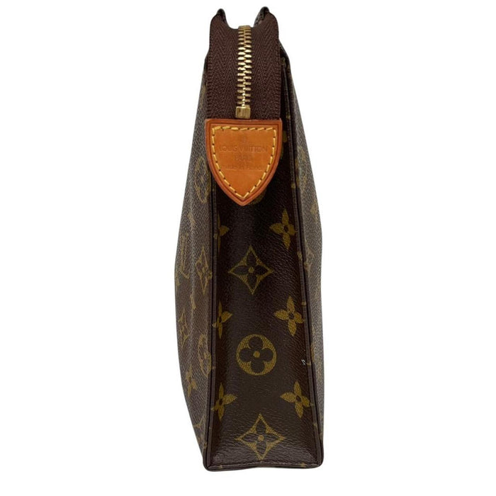 Louis Vuitton brown and tan monogram toiletry pouch with white logo details.