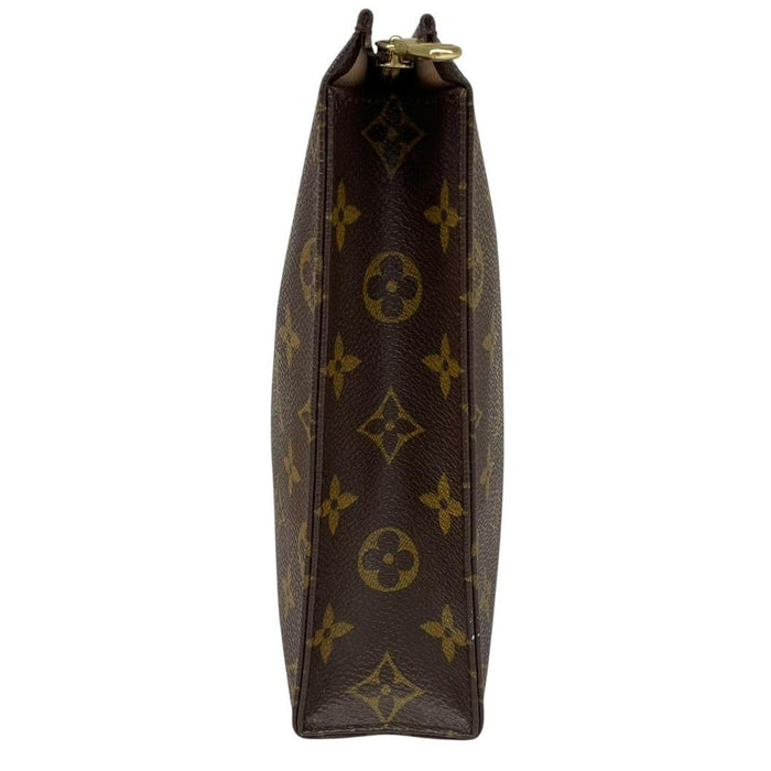 Louis Vuitton brown and tan monogram toiletry pouch with white logo details.