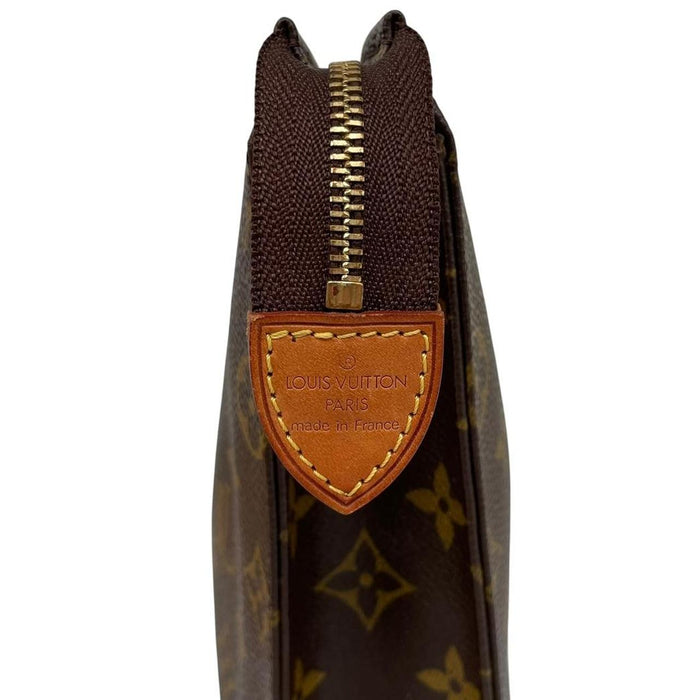 Louis Vuitton brown and tan monogram toiletry pouch with white logo details.