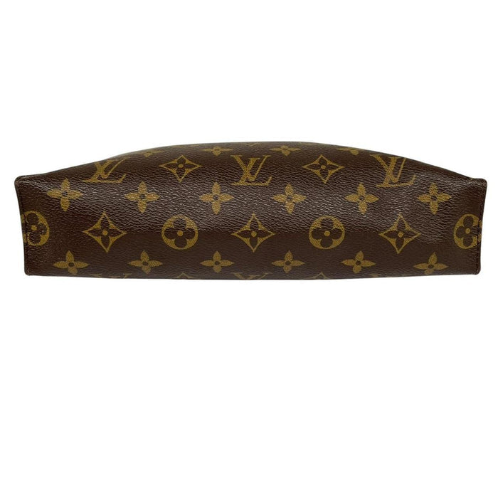Louis Vuitton brown and tan monogram toiletry pouch with white logo details.