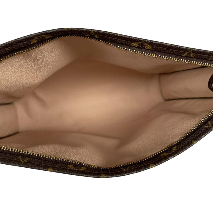 Louis Vuitton brown and tan monogram toiletry pouch with white logo details.