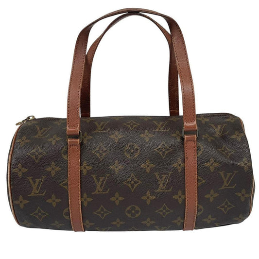 Louis Vuitton duffel bag brown and tan monogram canvas with logo pattern and wear.