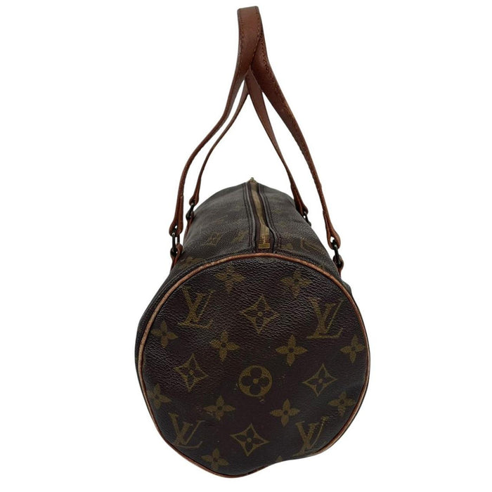 Louis Vuitton duffel bag brown and tan monogram canvas with logo pattern and wear.