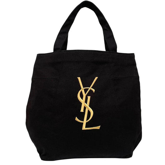 Yves Saint Laurent black duffel bag with gold embroidery and logo detail.