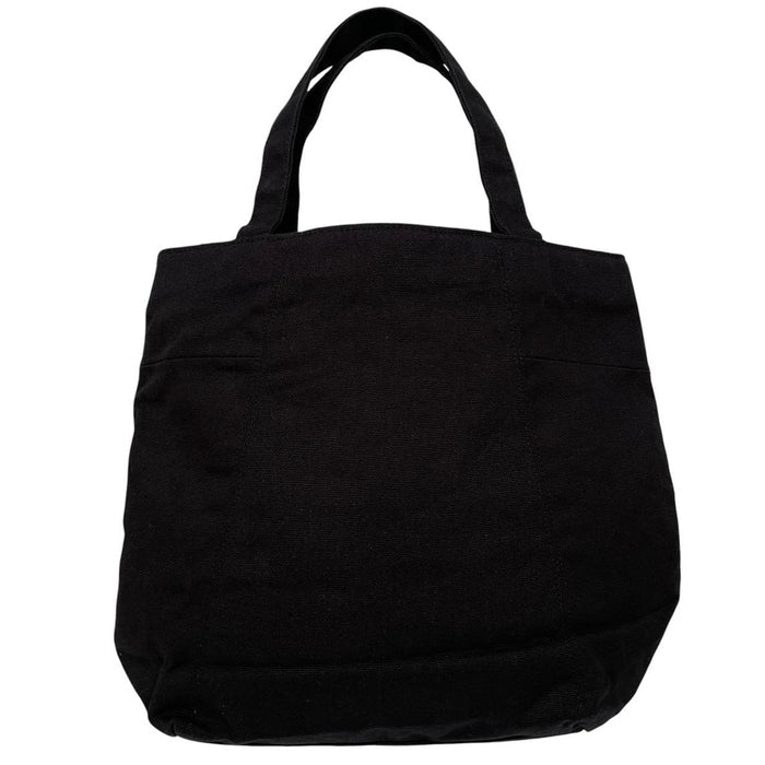 Yves Saint Laurent black duffel bag with gold embroidery and logo detail.