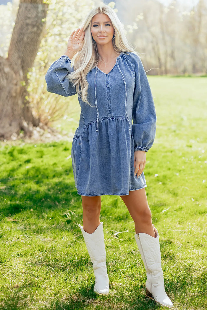 Puff Sleeve Ruffled Denim Mini Dress – Blue