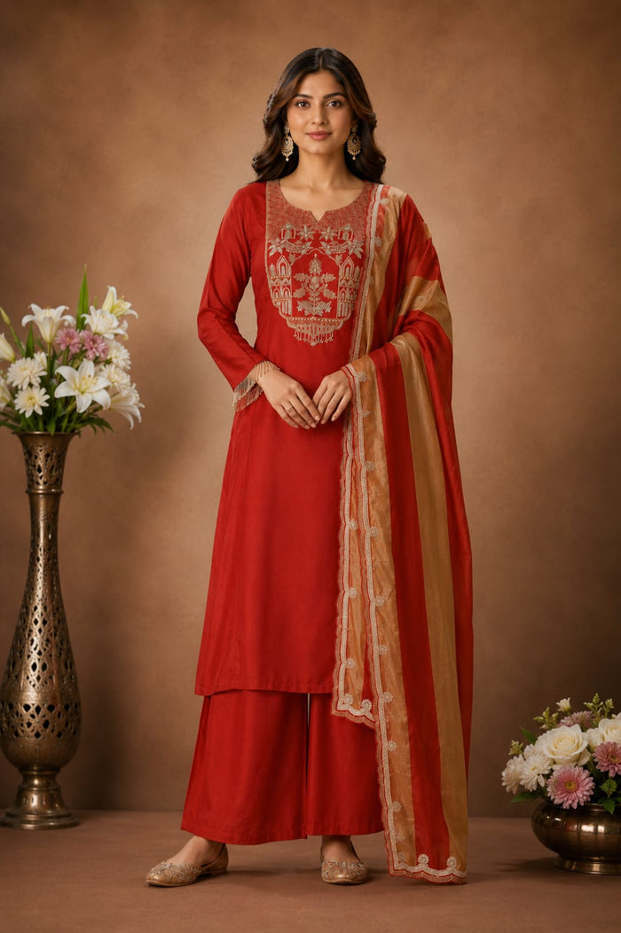 Red Embroidered Kurta Set with Dupatta